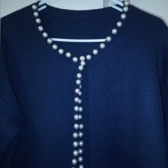 Elegant Navy Sweater with Pearl Accents - Picture 1 of 10